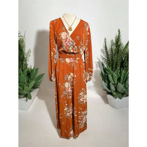 Size S Floerns Women's Wrap V Neck Long Sleeve Belted Floral Print Maxi Dress V